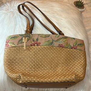 FOSSIL Woven Straw Tote Bag with Floral Tapestry Accent, Vintage Women’s Bag EUC